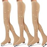 Ramede 3 Pcs Figure Skating Tights Rhinestones Ice Skate Tights Tan Crystal Figure for Girls Women Skating Ballet Dance Kids (Large)