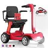 4 Wheels Foldable Mobility Scooter for Adults & Senior,15Miles Compact Heavy Duty Mobility Scooter, 300W Brushed Motor All Terrain for Travel,One Click Fold and Unfold, Can Adjustable Speed (Red)