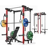 Mikolo Folding Squat Rack, Wall Mounted Power Rack with Cable Crossover Machine & LAT Pull Down, Functional Trainer with 5 Adjustable Function Modes, Upgraded Home Gym Package(Red)