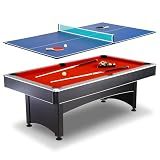 Hathaway Maverick 7 Foot Pool Table with Table Tennis Top – With Accessories for Both Games – Space-Saving Ping Pong and Pool Table Combo for Families – Matte Black Finish, Red Felt
