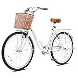 Viribus Beach Cruiser Bike for Women, 1 Speed Step Through Bike 24 inch for Adults Seniors Female Ladies with Basket & Rack, Womens Bike Cruiser for City Commuter, Adult Bicycles Retro Milk White