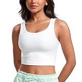 CRZ YOGA Womens Ribbed Longline Sports Bra - U Neck Padded Yoga Cami Workout Crop Tank Top Built in Pads White Medium