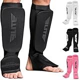 Muay Thai MMA Kickboxing shin Guards, Elite Sports Instep Guard Sparring Protective Leg shin Kick Pads for Adults, Kids, Youth (L-XL, Black/Black)