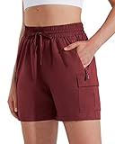 MASKERT Women's Hiking Cargo Shorts Quick Dry Athletic Golf Shorts 5 Inches Lightweight Running Summer Casual Shorts with Pockets, Ruby Wine L