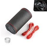 Icyfond Genuine Leather Steering Wheel Cover, Stitch On Wrap for Steering Wheel up to Diameter 15 Inches, Anti-Slip & Breathable Steering Wheel Wrap, DIY Sewing with Needles Thread(Black&Red)