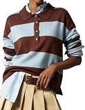 Polo Sweater Women Rugby Shirt Striped Collared Sweaters,BlueCoffe,M