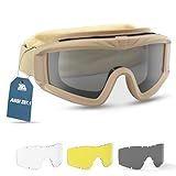 xaegistac Airsoft Goggles, Tactical Safety Goggles Anti Fog Military Eyewear with 3 Interchangable Lens for Paintball Riding Shooting Hunting Cycling (Khaki)