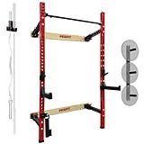 2.36''x 2.36'' Folding Squat Rack Wall Mounted 1100LBS Folding Power Rack Weight Capacity with Pull Up Bar J Hooks Safety Arm and Landmine Wall Squat Rack for Space-Saving Home Gym