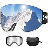 Snowalva Ski Goggles, OTG Over Glasses Snowboard Goggles with 2 UV400 Anti-Fog Detachable Magnet Lenses for Men&Women Adult