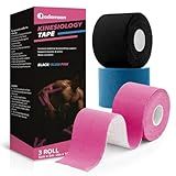 Adamson Kinesiology Tape – Sports & Athletic Tape 2 in x 16 ft – Elastic, Latex-Free, Water-Resistant Muscle Support Tape – 3 Rolls (Black, Blue, Pink) – for Training & Recovery