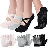 Shihanee 6 Pairs Non Slip Yoga Gloves Socks Set for Women Silicone Dot Grip Fingerless Gloves Towel Bottom Pilates Socks Yoga Accessories for Workout Exercise Hanging Fit Cycling