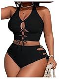 SOLY HUX Women's Plus Size Bikini Set Sexy Swimsuit Lace Up Tummy Control 2 Piece Bathing Suit Plain Black 1XL