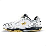 Butterfly Lezoline Gigu Shoes - Excellent Shock Absorption, High Grip Ability, Stability, Abrasion-Resistant, Professional Table Tennis Shoes, White/Silver, 9