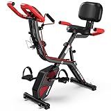 pooboo Folding Exercise Bike, Fitness Stationary Bike Machine, Upright Indoor Cycling Bike, 4-in-1 Magnetic X-Bike with 8-Level Adjustable Resistance, Bottle Holder, Arm Resistance Bands, Pulse Sensor & Back Support Cushion for Home Gym Workout (red)