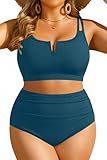 Yonique Women Plus Size High Waisted Bikini - Ribbed Two Piece Swimsuit Tummy Control Bathing Suit V-Wired 2025 Swimwear Teal 18W
