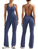 Relety Womens Flare Workout Jumpsuits Scoop Neck Strappy Backless Tummy Control One Piece Yoga Gym Leggings Padded Rompers - Navy Medium