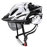 Bike Helmet with USB Rechargeable LED Light Detachable Goggles and Sun Visor, Mountain & Road Bicycle Helmets for Men Women Adult Cycling Helmets (Black+White)