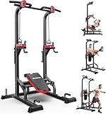 Pooboo Power Tower Dip Station Pull Up Bar for Fitness Home Gym Workout,Multi-Function Adjustable Height Fitness Strength Training Exercise Equipment,with Power Elastic Ropes (Black with supine board)