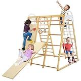 GLACER 8-in-1 Jungle Gym, Wooden Indoor Climbing Gym w/Slide, Swing, Monkey Bars, Rope Ladder, Climbing Rock & Net, Gymnastic Rings, Sturdy Indoor Playground for Boys Girls Ages 3+ (Natural)