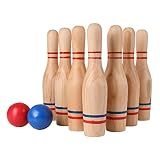 STERLING Sports Premium Wooden Lawn Bowling Skittles Set 11" Pins with Carrying Mesh Bag - 10 Heavy Solid Wooden Pins and 2 Balls - for Indoors and Outdoors