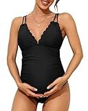 Charmo Maternity One Piece Swimsuit for Women Scallop Trim V Neck Pregnancy Swimwear Double Straps Ruched Bathing Suit Cutout Tie Back Black