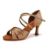 HROYL Women Latin Dance Shoes Bachata Swing Practice Performance Ballroom Salsa Dancing Shoes,EM-L3047-DB-Beige-7-S,US 6.5