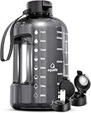 AQUAFIT 1 Gallon Water Bottle with Time Marker - Straw & Chug Lid - BPA Free Gym Water Bottle with Straw - Big Gallon Jug (Gray, 128 oz - 2 Lids)