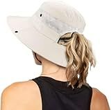 Women's Outdoor UV-Protection-Foldable Sun-Hats Mesh Wide-Brim Beach Fishing Hat with Ponytail-Hole Beige