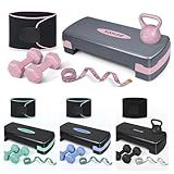 SAKAE Pink Adjustable Aerobic Stepper Kit with Dumbbells & Kettlebell & Weightlifting Belt & Measuring Tape, 2 Level Risers Exercise Step Platform for Home Gym Exercise Fitness Workout, black
