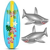 Cunhill 3 Pcs Inflatable Surf Board and Shark Luau Decoration Include 2 Pcs 38.9 in Shark Pool Toy and 60 in Inflatable Surfboard Decor Party Decorations for Adults Boys Girls Surf Beach Party