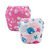 ALVABABY Swim Diapers 2pcs Baby & Toddler Snap One Size Reusable Adjustable Swim Diapers for Swim Classes Small