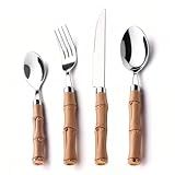 HIFIND Stainless Steel Flatware Set for 8, 32 Pieces Wood Grain Printed Plastic Handle Cutlery Set, Rustic & Modern Silverware Set, Knives Forks & Spoons Set for Family Dining, Camping, Parties