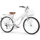 WEIZE Beach Cruiser Bike, 26 inch Commuter Bicycle for Adult Men and Women, 7-Speed/High-Carbon Steel/Front & Rear Fenders, Comfortable City Bikes with Rear Rack&Basket, Ergonomic Upright Design,White