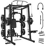 Mikolo Smith Machine with Weight Bar and 8 Weight Storage Pin, 2000 Pounds Capacity Multi-Function Power Cage Squat Rack with Cable Crossover, T-bar Row Attachment and Other Attachments (Black)