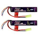 EMEPOVGY 3S Lipo Airsoft Battery 11.1V 1200mAh 20C Rechargeable Lithium Polymer Battery Pack with Mini TMY Plug for Air Soft Guns Rifle - 20122(2 Packs)