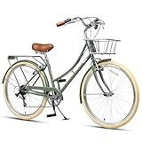 AVASTA 26 Inch Hybrid Bike, Lightweight Step-Through Hi-Ten Steel Frame for City Commuting, 6 Speed Comfort Bicycle with Metal Basket in Elegant Green with Stylish Beige Tires for Woman Female
