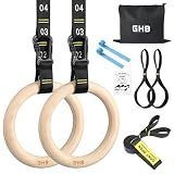 GHB Gymnastic Rings Wooden Gym Rings 1.25" | Olympic Rings Adjustable Straps Pull Up Rings Sets for Workout Bodyweight Fitness Training