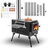 Black Wood Burning Tent Stove, 7 Section & 6 ft height Stainless Steel Chimney with diameter 2.24", Kungka Portable Hot Tent Stove for Heating & Cooking, Camping, Hunting, Ice Fishing