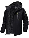 TACVASEN Winter Jacket for Men Skiing Warm Fleece Jackets Hooded Water Resistant Rain Jacket Black Thermal Snowboarding Jacket Windbreaker for Cold Weather