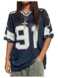 SHENHE Women's Graphic Football Jersey Top V Neck Short Sleeve Loose T Shirt Streetwear Dark Blue Large