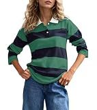 Burtell Fall Striped Polo Long Sleeve Shirts for Women Casual Button Lapel V Neck Color Block Tops Vintage Rugby Shirt Blouse Blue Green