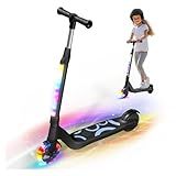 LIEAGLE Electric Scooter For Kids Age 6-12, 60W Motor, 5Miles Range, 6.2mph, 5.3" Rubber Tires w/RGB Wheel Lights & 7-Color Headlight, 3 Adjustable Height, Anti-Slip Footpad/Handle, Rear Brake (Black)