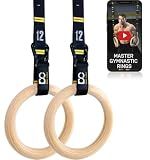 Double Circle Gymnastics Rings with Quick Adjust Numbered Straps and Exercise Videos Guide - Full Body Gym Rings - Calisthenics Rings Wooden Rings 1.25" (Wax Oil Finish)