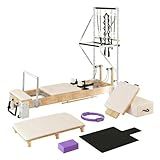 Pilates Reformer Machine, Wooden Reformer Pilates Machine with Tower & Mat, 2-in-1 Professional Pilates Equipment for Home Gym and Studio, Includes Sitting Box, Jumpboard