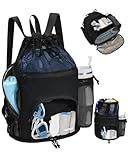 WANDF Swim Bag with Wet Pockets, Sandproof Beach Backpack with 40oz Tumbler Side Pockets, Mesh Drawstring Backpack Swim Bag for Swimming, Pool, Gym and Workout Gear (Black)