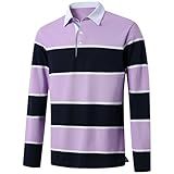 Men's Long Sleeve Polo Shirts for Men Casual Collared Striped Rugby Shirts for Men Soft Pique Cotton Dry Fit Golf Polo Shirts for Mens, L Light Purple