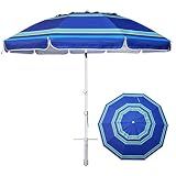 AMMSUN 8 Feet Large Beach Umbrella with Sand Anchor Heavy Duty High Wind Portable Outdoor Umbrellas UV 50+ Protection Air Vent Tilt Patio Garden Pool (Blue Stripe)