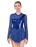 ODASDO Figure Skating Dress for Women Ice Skating Costumes Teenager Girls Mesh Long Sleeve Sparkly Rhinestones Sequin Skirted Leotard Gymnastics Competition Ballet Outfit Dancewear Royal Blue M