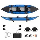 GYMAX Inflatable Kayak, 12.5Ft 507lbs Tandem Kayak with 2 Aluminum Paddles, 2 Padded Seats, Footrests, 2 Fins, Hand Pump, Carry Bag & Repair Kit, 2 Person Fishing Touring Kayak for Adults Youth (Blue)
