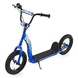 GYMAX Scooter, Kick Scooter for Adults, Teens, Kids with Adjustable Handlebar, 12” Inflatable Wheels, Front Caliper Brake & Non-Slip Deck, Heavy Duty Off-Road Scooter (Blue)